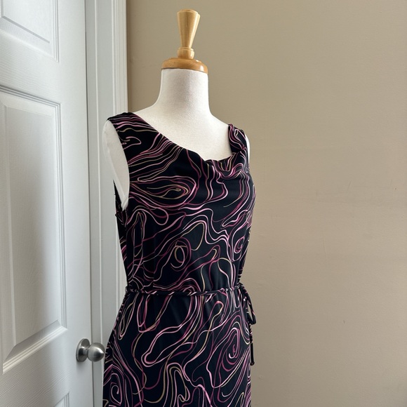 VINTAGE Y2K BLACK PINK SWIRL PATTERN COWL NECK MIDI DRESS - L - Picture 6 of 6